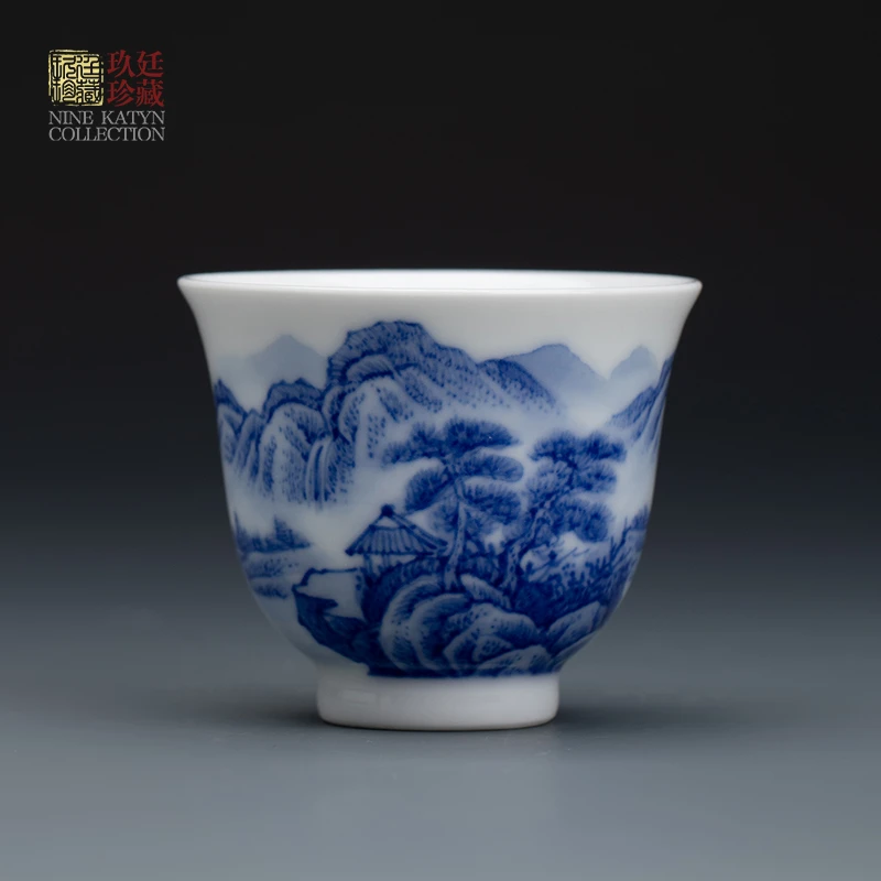 景德镇手工手绘小号茶杯高档功夫茶具品茗杯青花瓷山水杯高级单杯