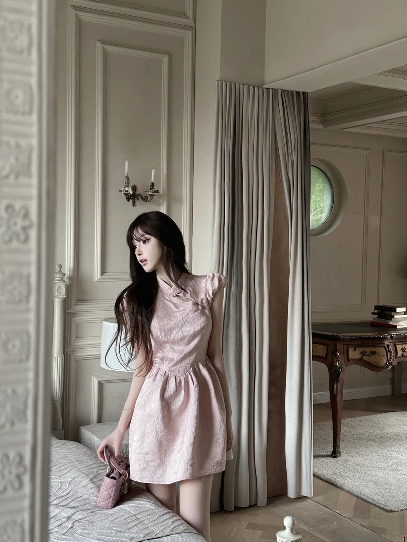 【no退no换】新中式粉色印花旗袍女装连衣裙气质夏季甜美少女纯欲