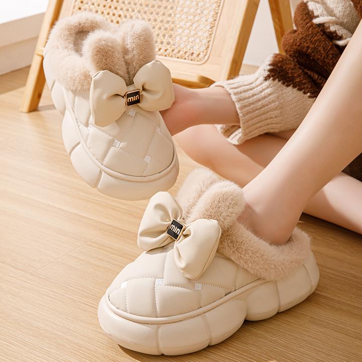 冬季蝴蝶结棉拖鞋厚底卡通少女仙女保暖防滑室内外可爱皮面学生宿