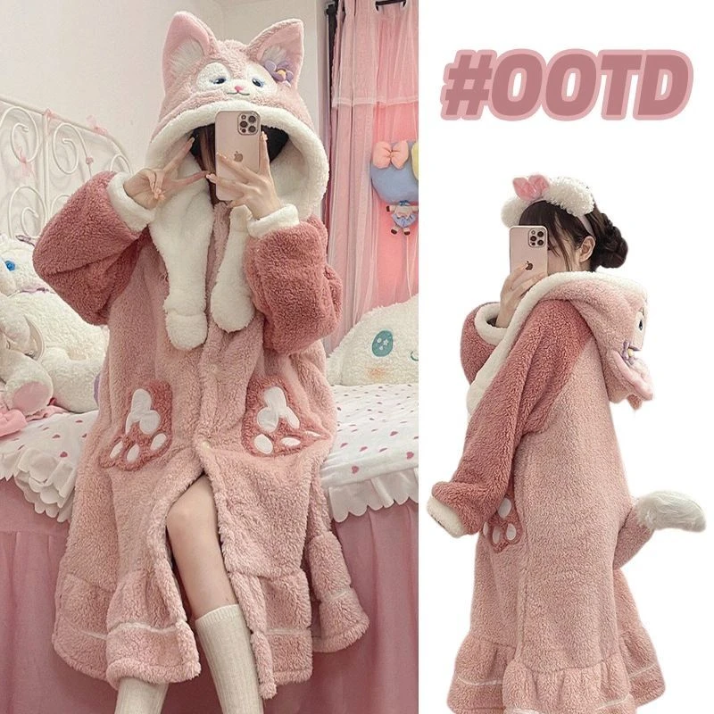 可爱卡通玲娜贝儿睡衣女秋冬季新款珊瑚绒加绒加厚家居服睡袍睡裙