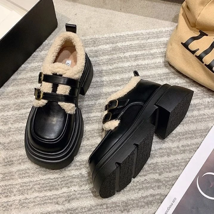 新品英伦风小皮鞋女2023秋冬季加绒保暖棉鞋百搭厚底乐福鞋毛毛鞋