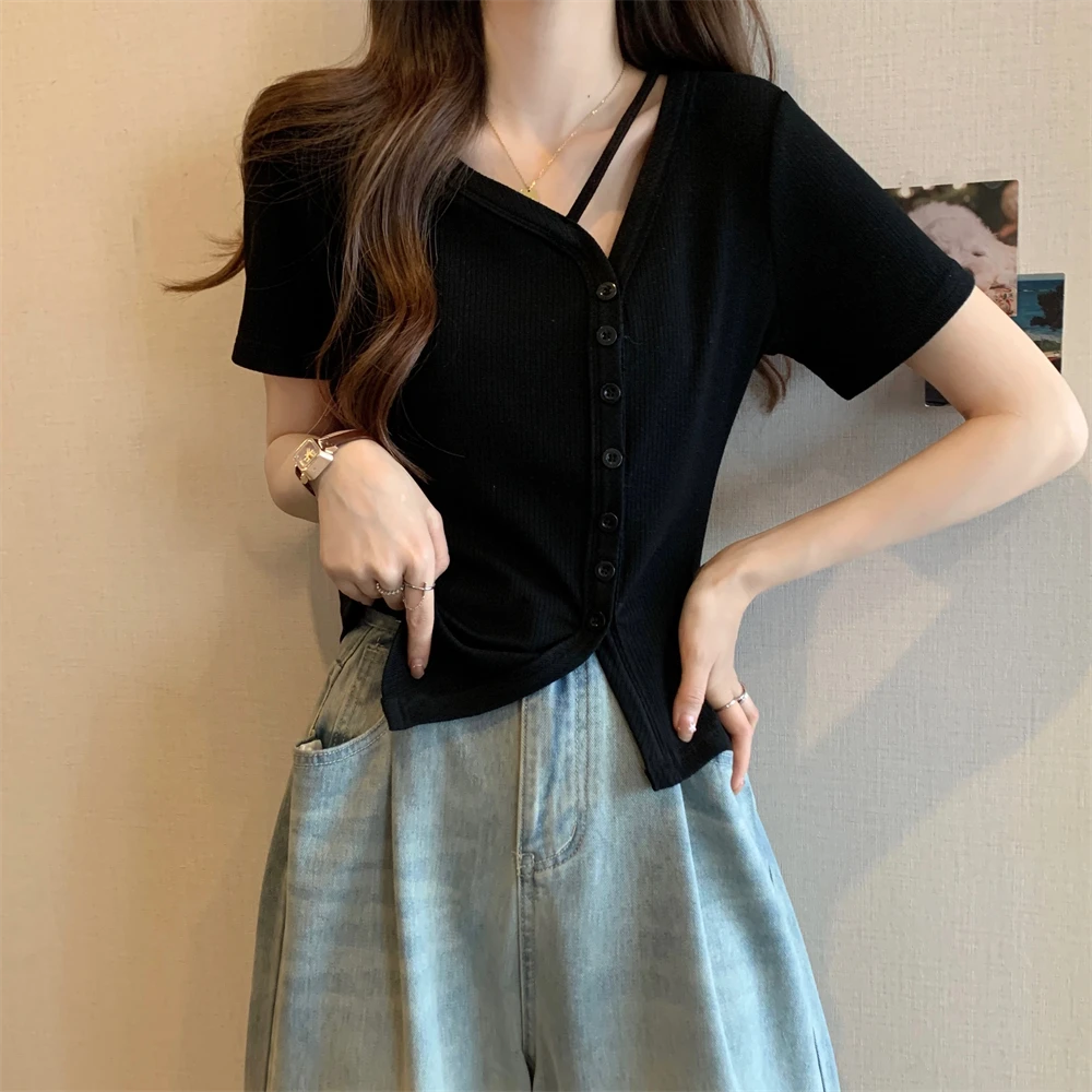 大码女装小众设计感短袖鱼骨上衣女胖MM显瘦藏肉别致感T恤衫夏款