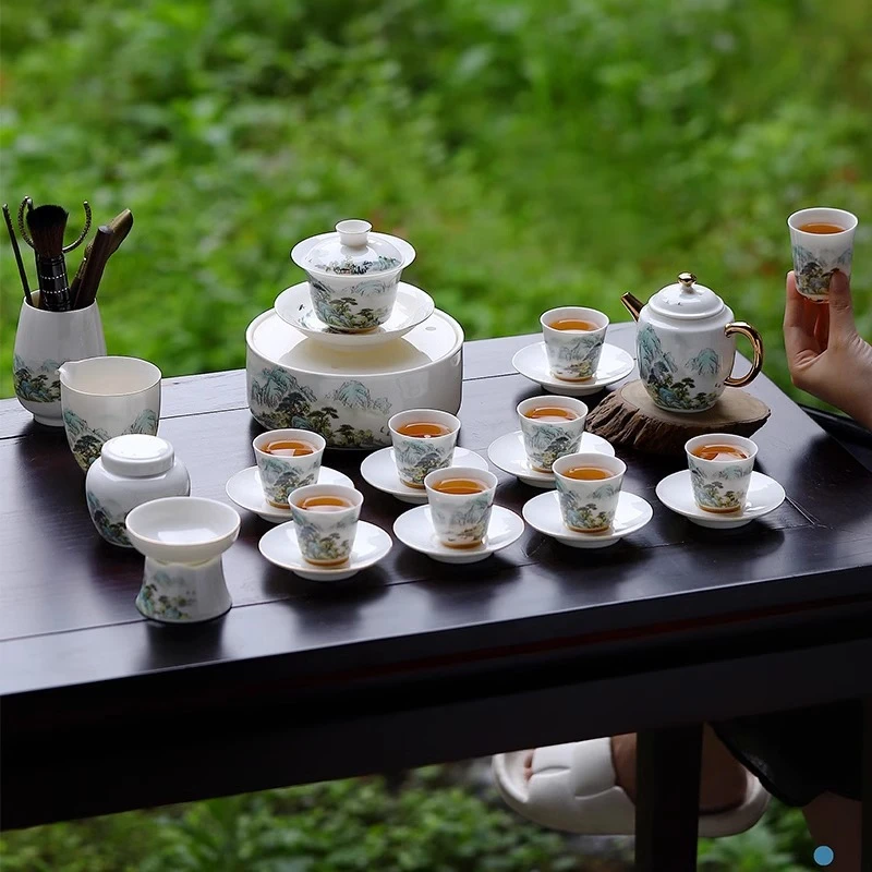 高端盖碗羊脂玉白瓷功夫茶具套装家用2024新款轻奢办公泡茶壶高档