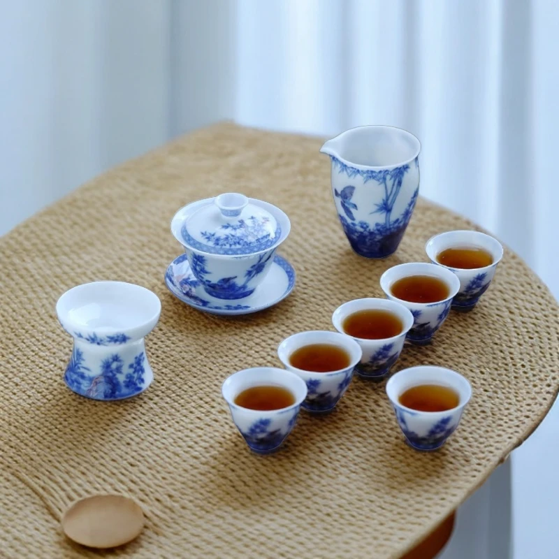 德化冰种青瓷玉白瓷功夫茶具套装家用高档喜鹊登枝盖碗商务主人杯