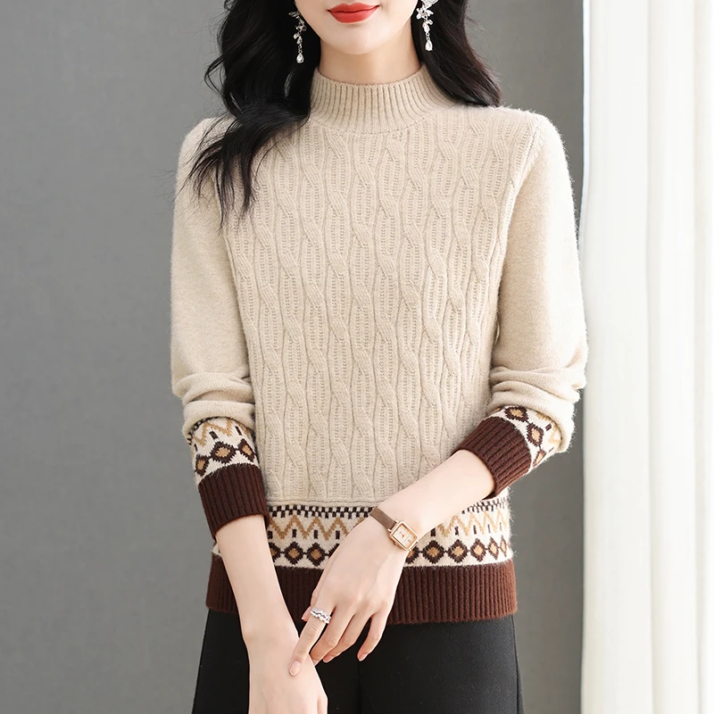 2024冬季新款毛衣女圆领提花上衣时尚洋气长袖宽松加厚打底针织衫