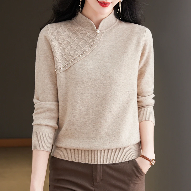 2024春季新款女士中国风针织时尚洋气立领毛衣气质显瘦百搭打底衫