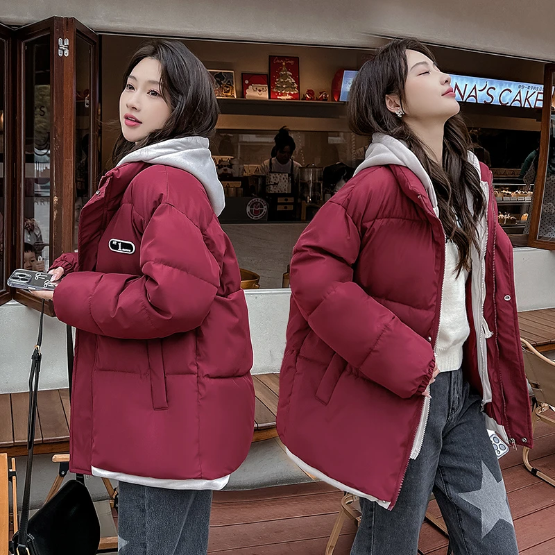假两件情侣连帽百搭宽松时尚棉服加厚棉衣韩版冬季保暖大码外套