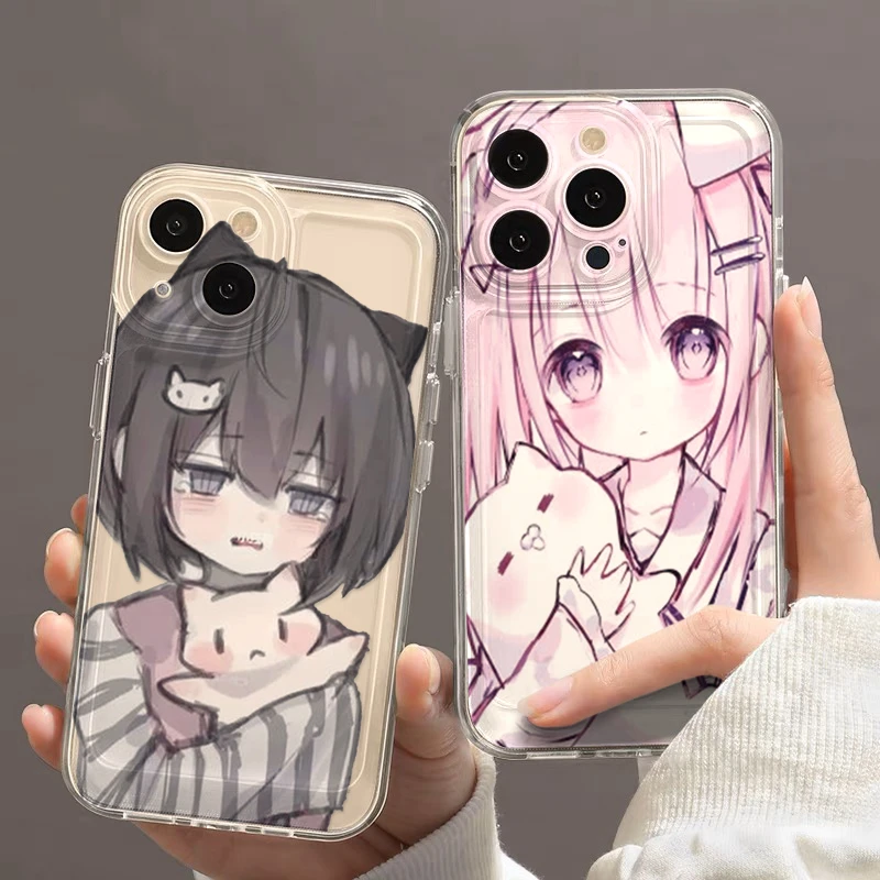 二次元抱猫女孩适用iphone15/13苹果14手机壳华为viv小米oppo软套