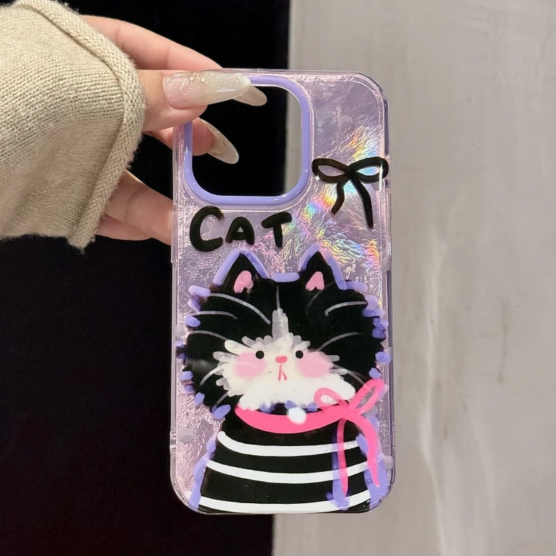 涂鸦蝴蝶结猫咪适用iPhone16/15promax冰川手机壳苹果13防摔保护