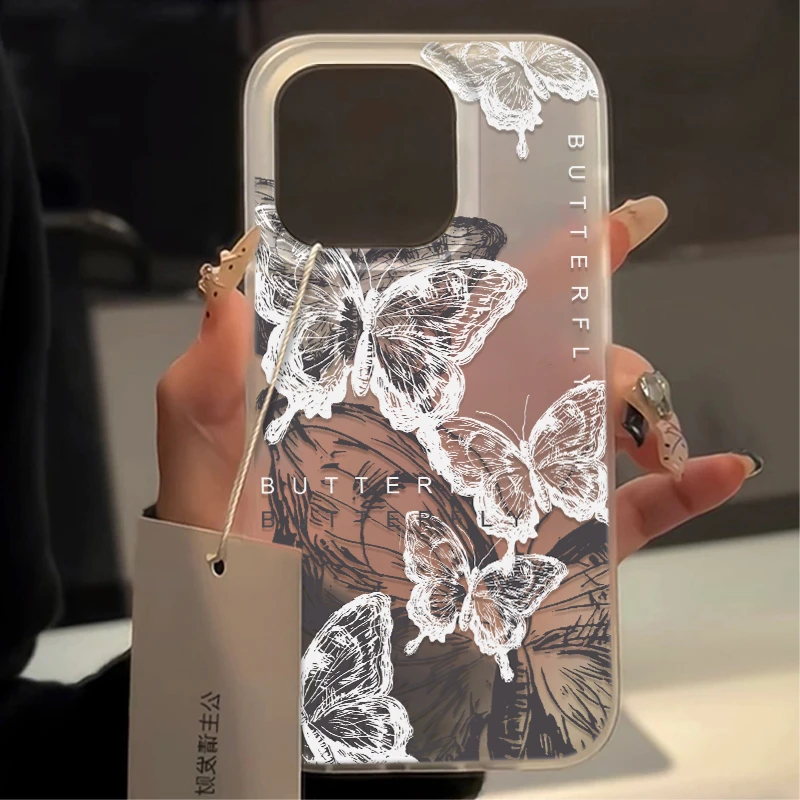 黑白线条蝴蝶适用iPhone15/14promax防摔手机壳11苹果13/12软xr套