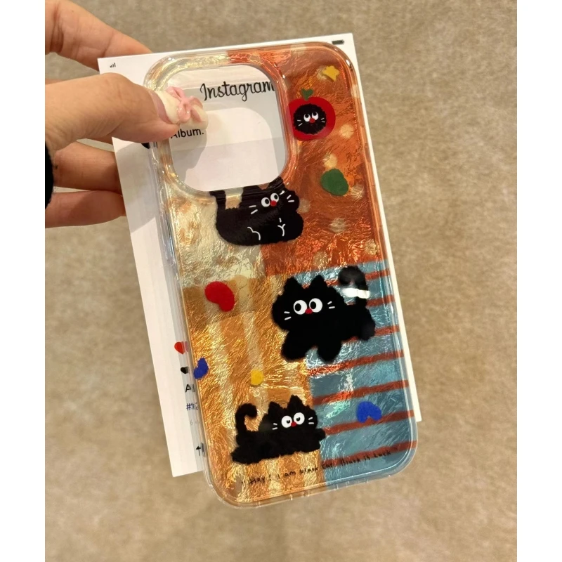 奥菲顿条纹波点黑猫适用iPhone16/15pro冰川手机12硬壳14苹果13套