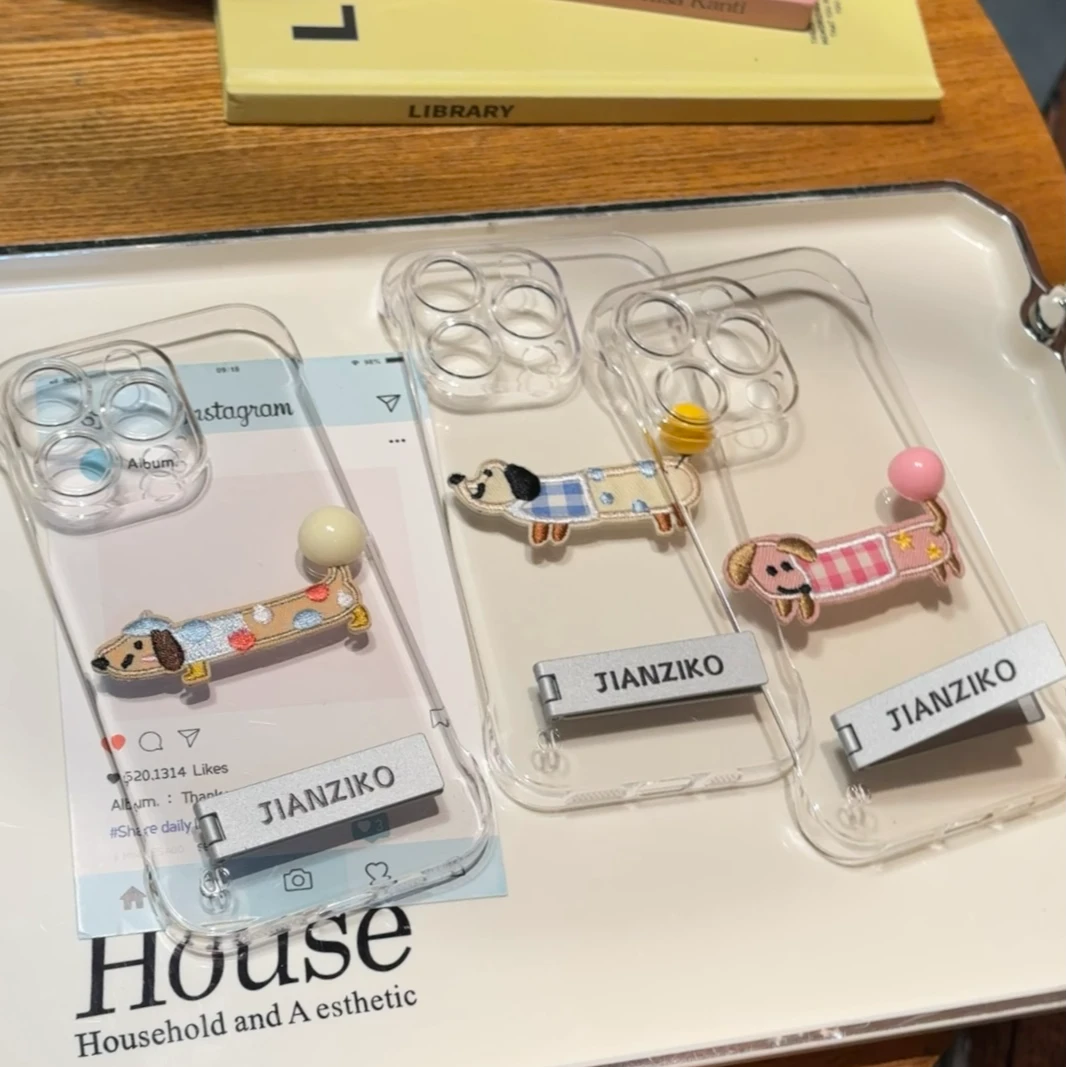 波点刺绣小狗适用iPhone15无边框手机壳华为vivo小米oppo防摔保护