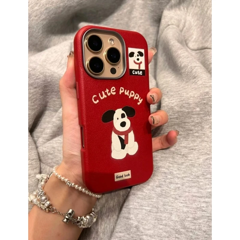 Lucky圣诞红色围巾狗适用iPhone16/15pro荔枝纹金属框手机壳13套