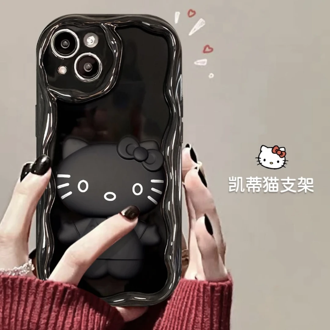黑色凯蒂猫补妆镜支架iphone15/13苹果14手机壳华为viv小米oppo套