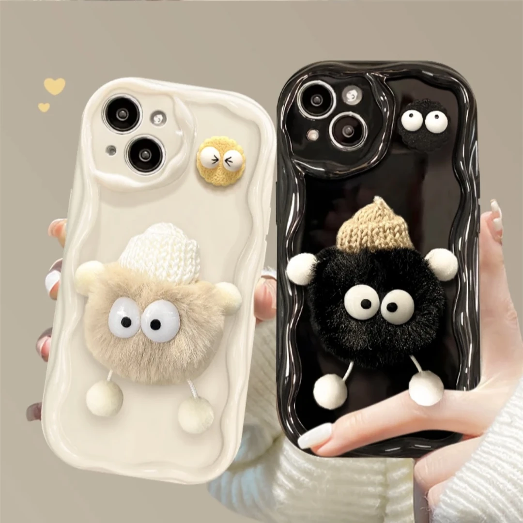 ins秋冬毛绒煤球菌适用iPhone15/14promax手机壳苹果13/12/11软套