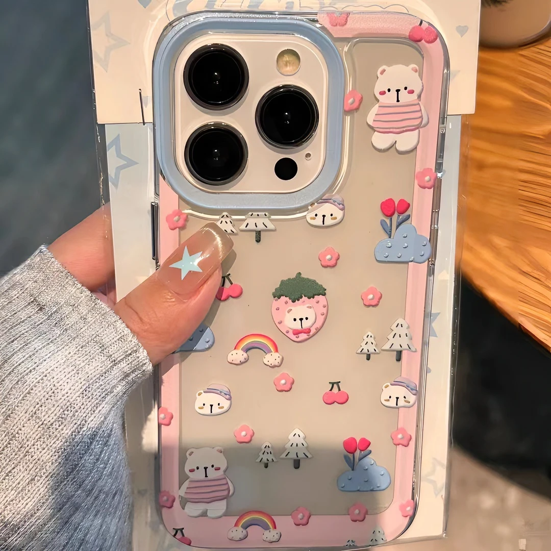 奥菲顿粉框草莓小熊适用iPhone15/14promax手机壳11苹果13/12软壳