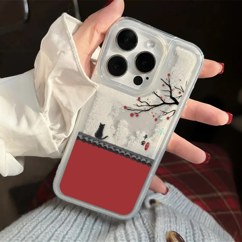 流沙国风雪梅背影猫咪适用iPhone15/14promax手机壳11苹果13/12套