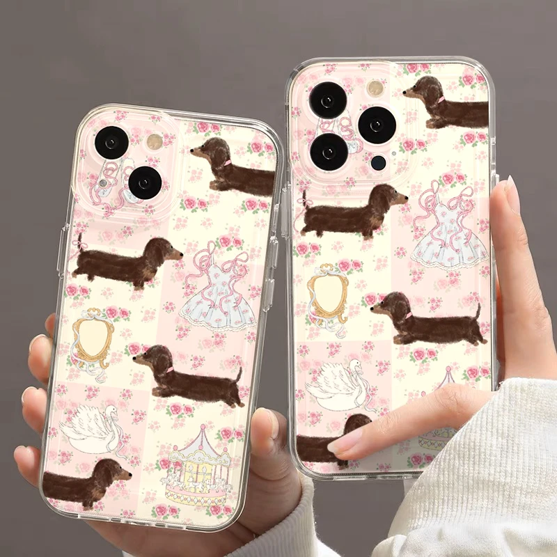 法式碎花腊肠狗适用iphone15/13苹果14手机壳华为viv小米oppo软套