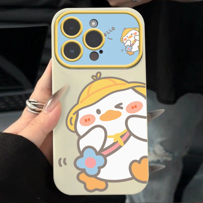 可爱黄帽鸭子苹果华为vivo小米oppo镜头框手机壳iphone13/14/12