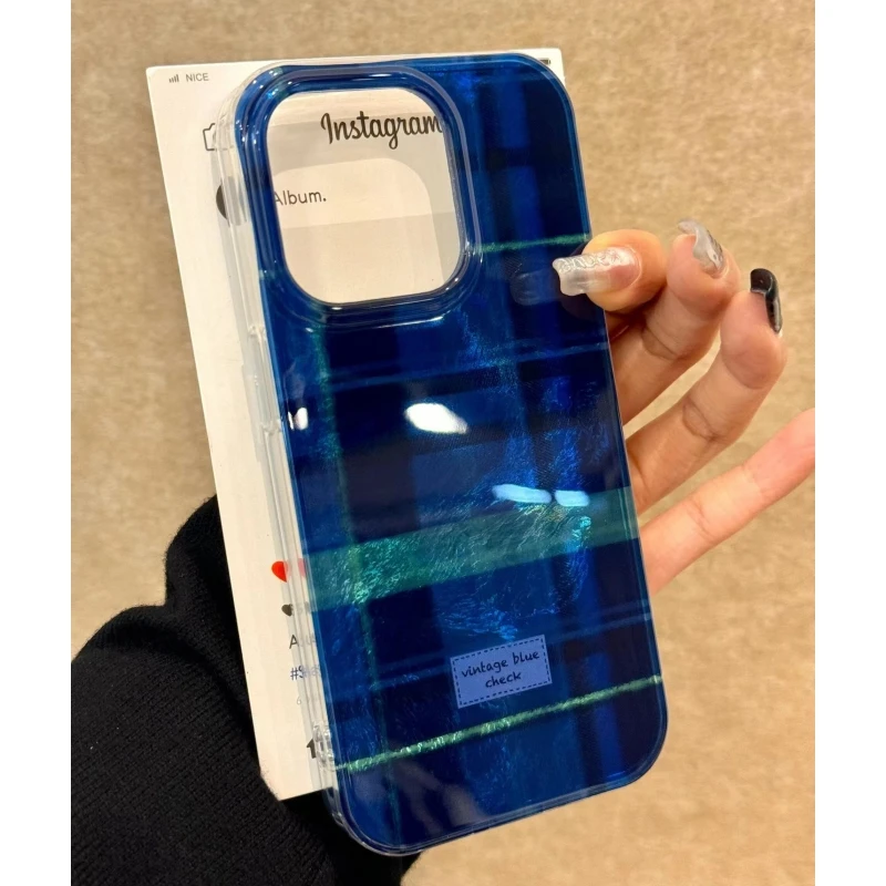 奥菲顿小众英伦蓝格纹适用iPhone16/15promax冰川手机壳苹果13套