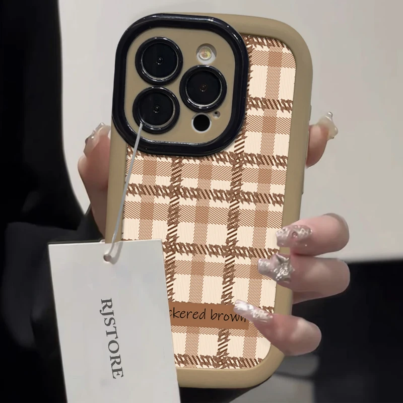 ins秋冬棕色格纹苹果华为vivo小米oppo手机壳iphone15/14/13pro套