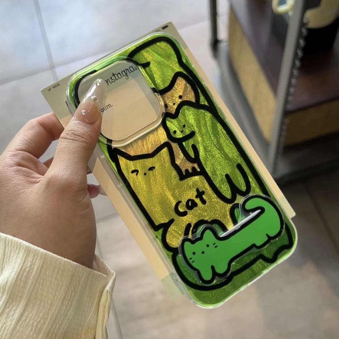 Lucky绿色晕染猫咪适用iPhone15羽纱14手机壳13华为vivo小米oppo