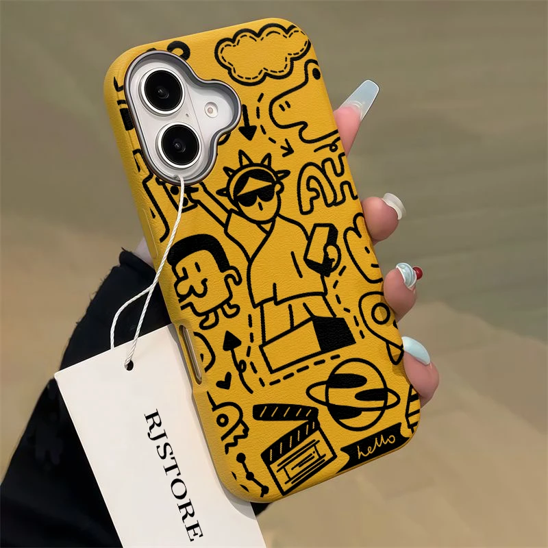 奥菲顿搞怪线条涂鸦适用iPhone16/15pro荔枝纹14金属框手机壳13套