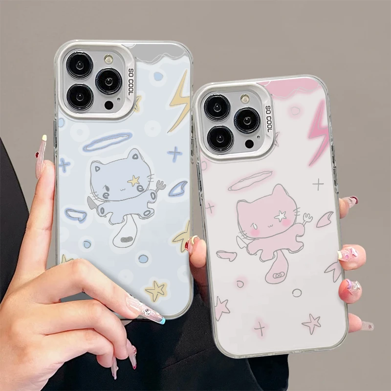 蓝粉闪电天使猫适用iphone15/13手机壳14pro华为vivo小米oppo情侣