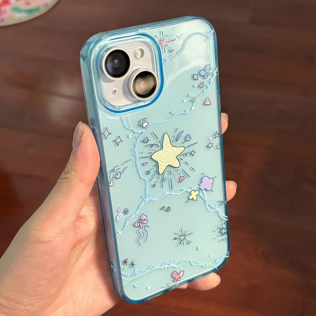 奥菲顿涂鸦星星蝴蝶适用iPhone16/15pro透蓝14手机软壳12苹果13套
