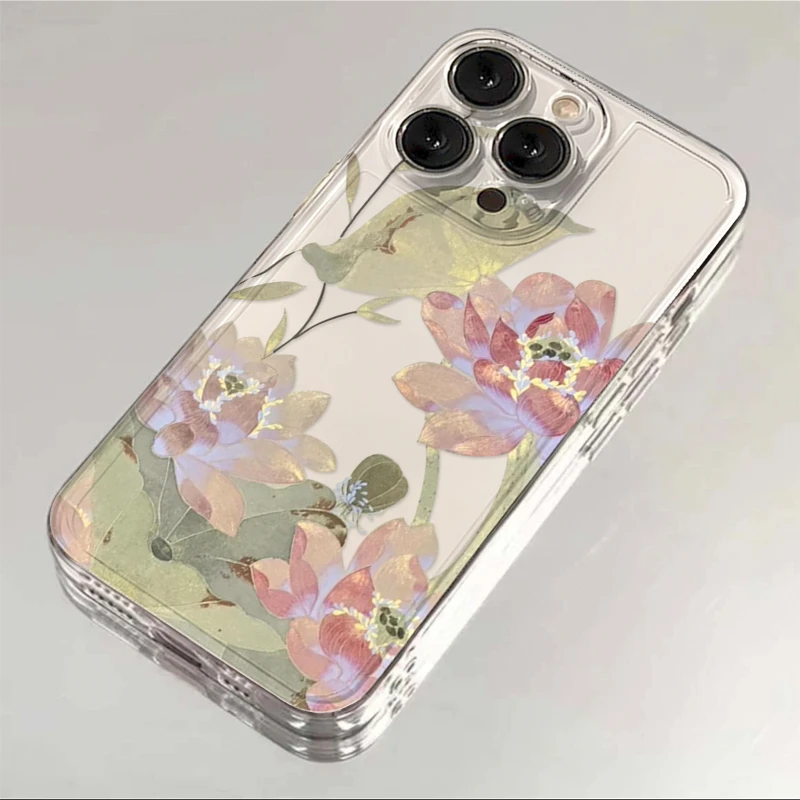 油画三朵荷花适用iphone15/13苹果14pro手机壳华为vivo小米oppo套