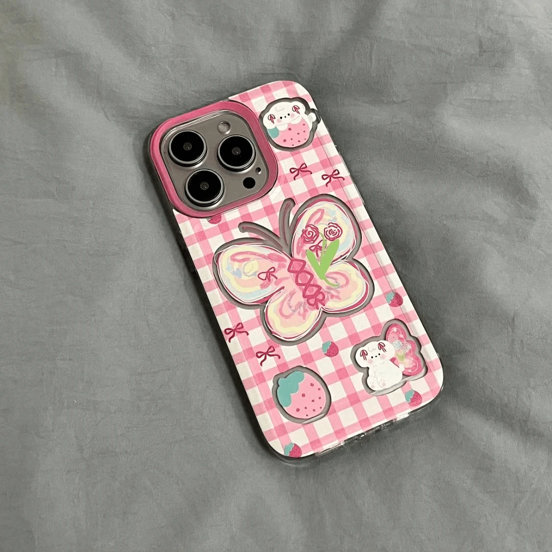 SMBLCE粉格纹涂鸦蝴蝶适用iphone15/14/13手机壳华为vivo小米oppo