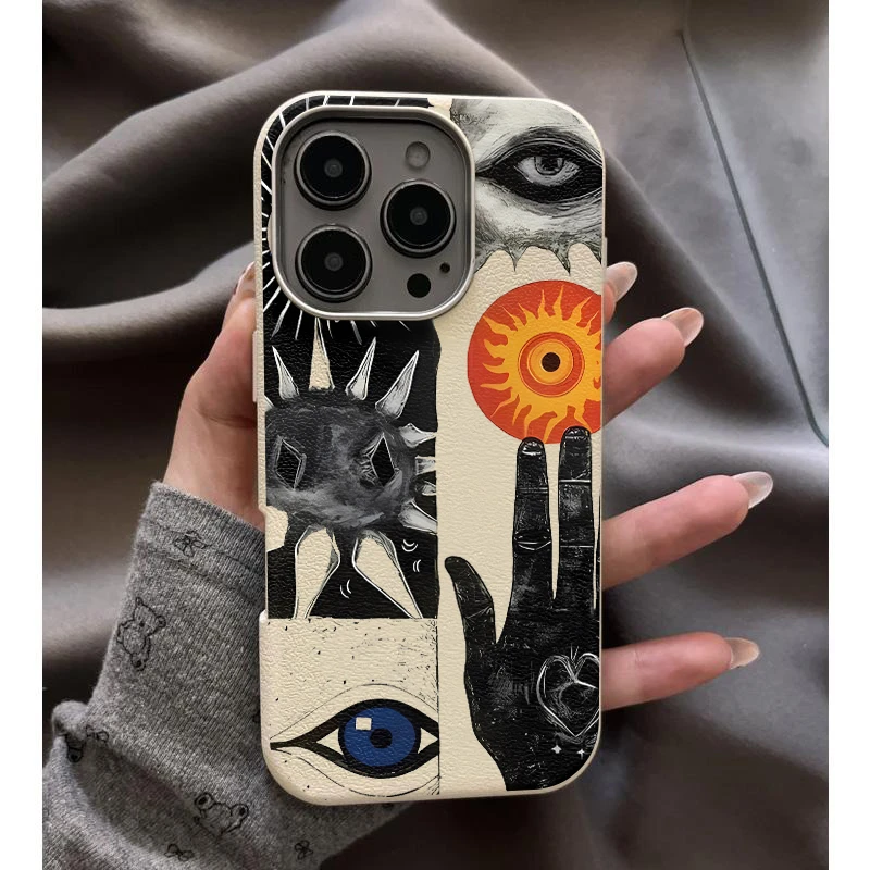 奥菲顿艺术抽象空洞适用iPhone16荔枝纹15金属框苹果手机软壳13套