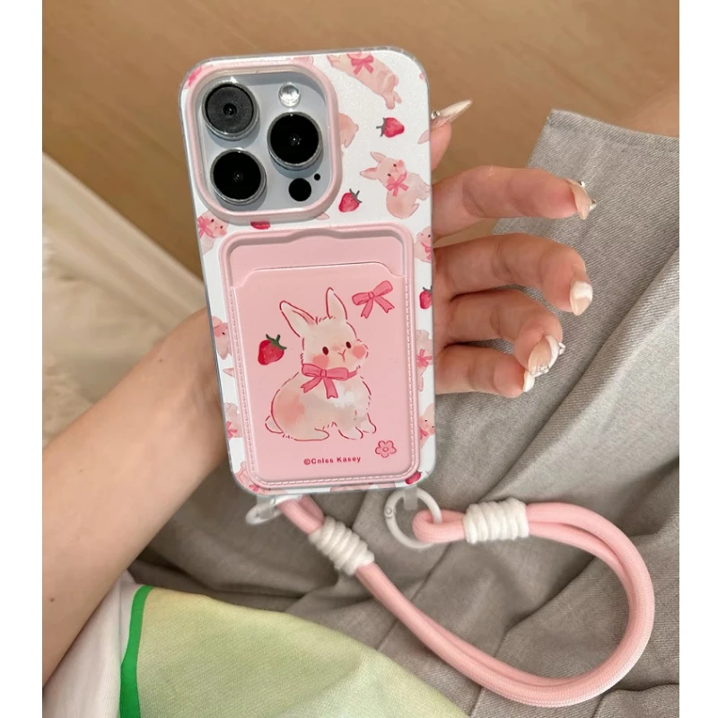 奥菲顿粉底草莓兔子适用iPhone15/14promax挂绳卡包手机壳苹果13