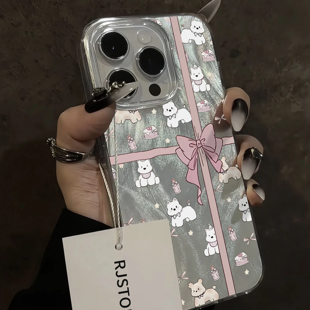 粉蝴蝶结小狗羽纱纹iPhone15/14promax手机壳苹果13/12套11高级感