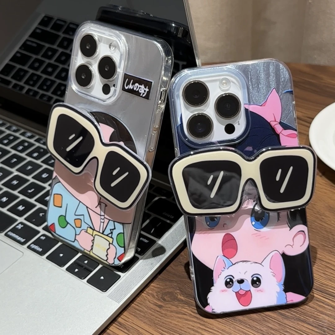 情侣款少女小新眼镜支架适用苹果15/14/13手机壳华为vivo小米oppo