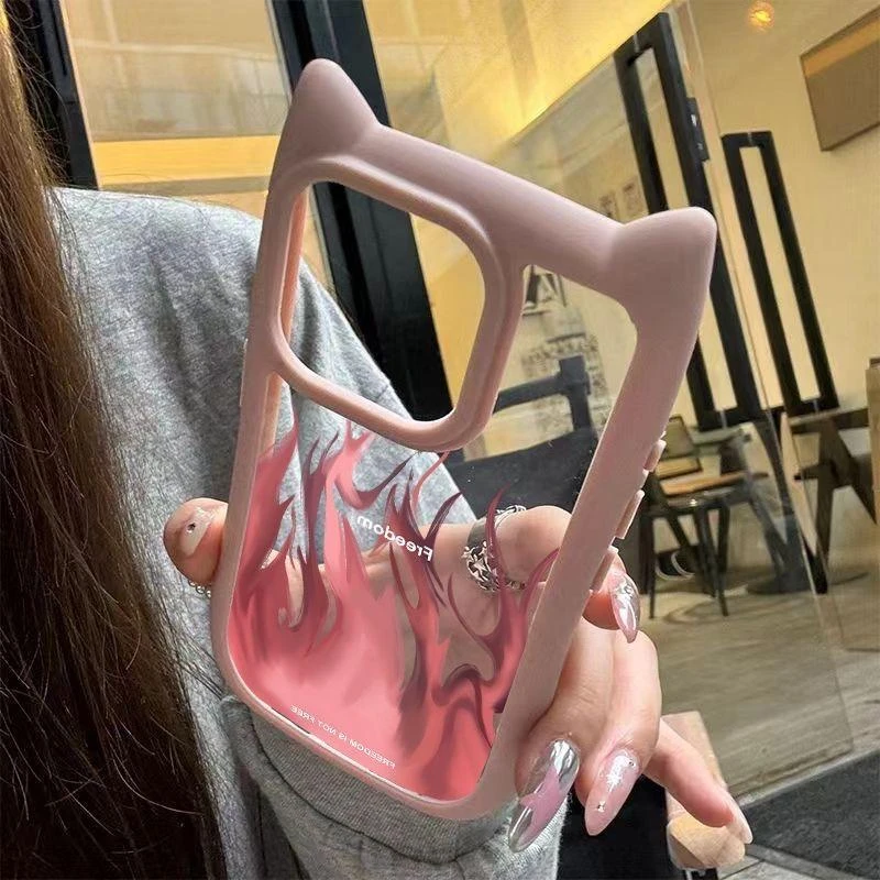 奥菲顿立体猫耳蓝红火焰适用iPhone15猫耳朵14promax苹果13手机壳