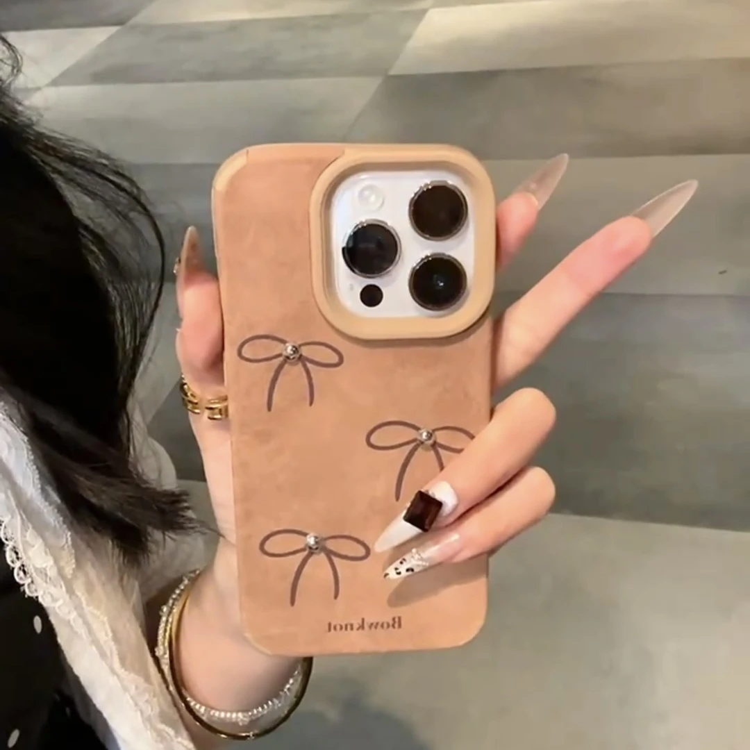 ins复古蝴蝶结贴珠适用iPhone16/15promax翻毛皮14苹果手机壳12套