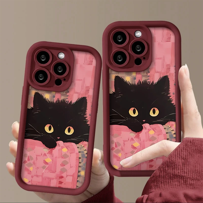 可爱粉布黑色猫咪适用iphone15/13苹果14手机壳华为viv小米oppo套