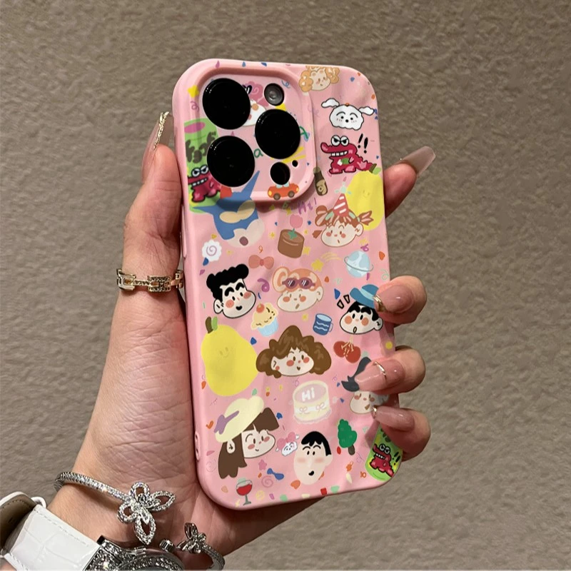 卡通涂鸦小新适用iPhone15/14promax褶皱手机壳xr苹果13/12/11套