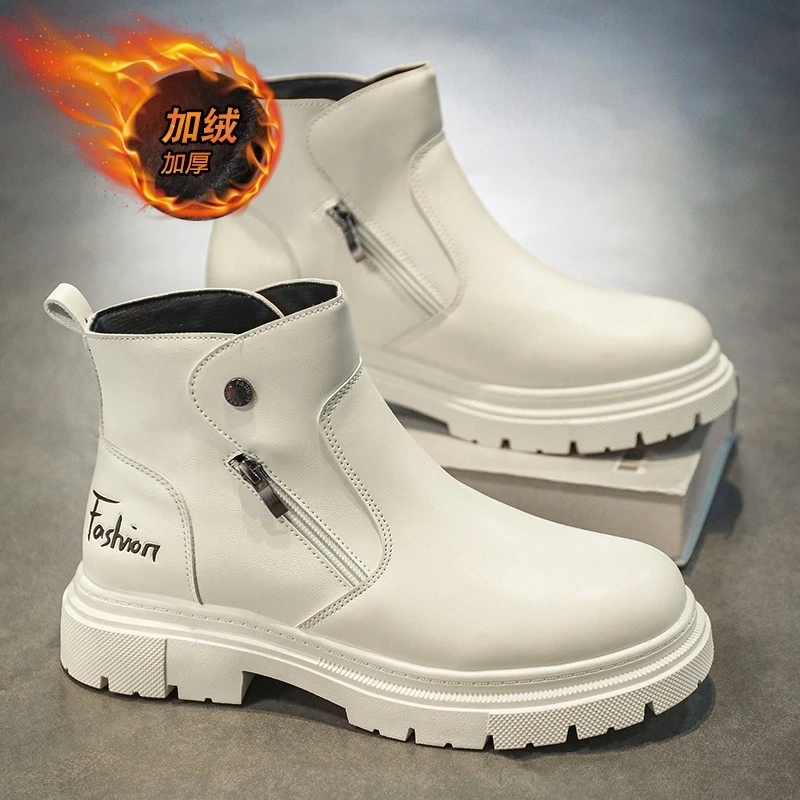 马丁靴男款冬季加绒保暖棉鞋男士高帮英伦风厚底工装白色切尔西靴