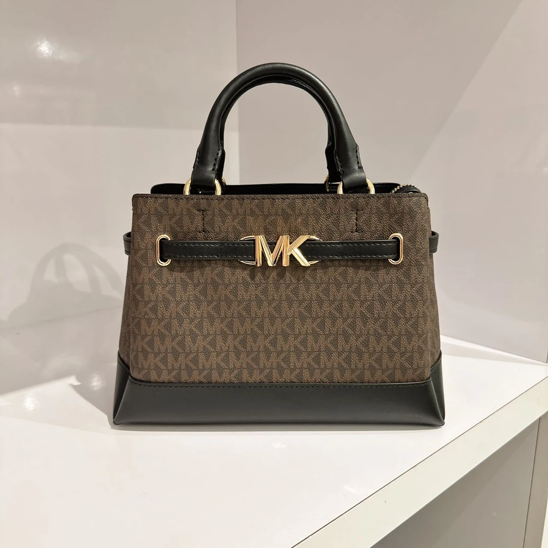 MICHAEL KORS/迈克高仕深棕logo拼黑Reed梯形戴妃包单肩斜挎包