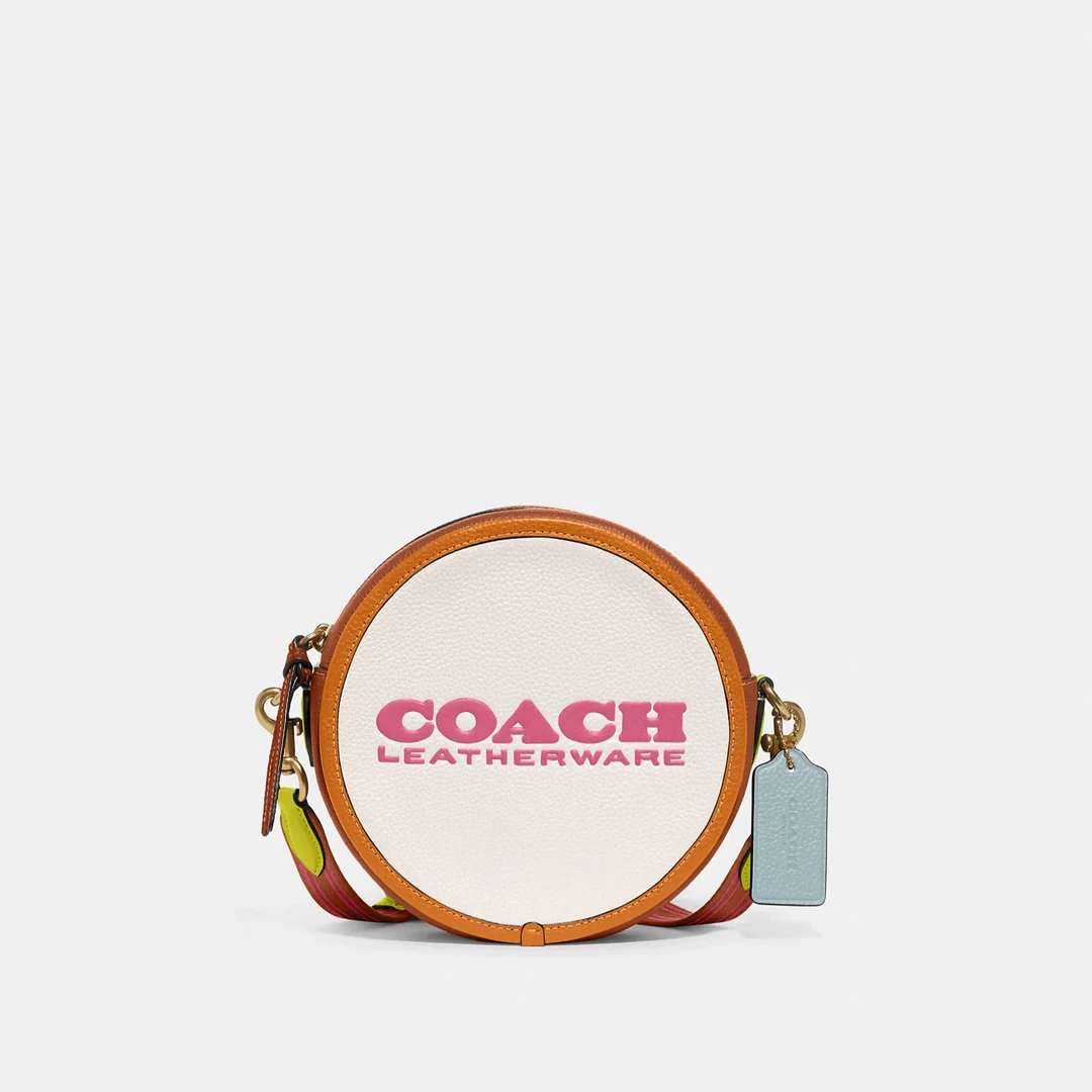 COACH/蔻驰白底橙边Kia圆饼包宽肩带CA098B4CAH拼色圆形时尚肩包