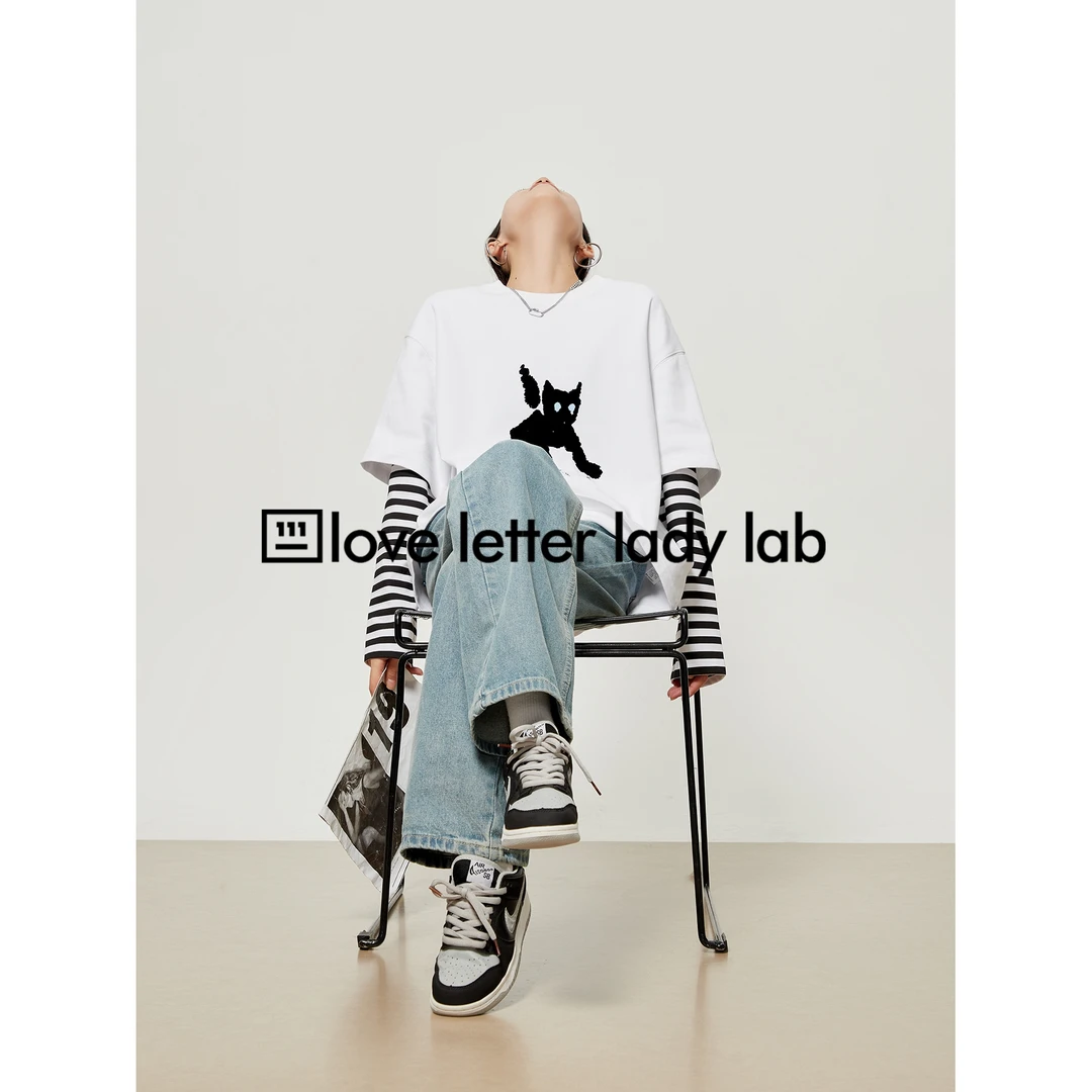 【柴碧云专属】假两件长袖t恤拼接上衣设计感小众宽松休闲条纹长袖