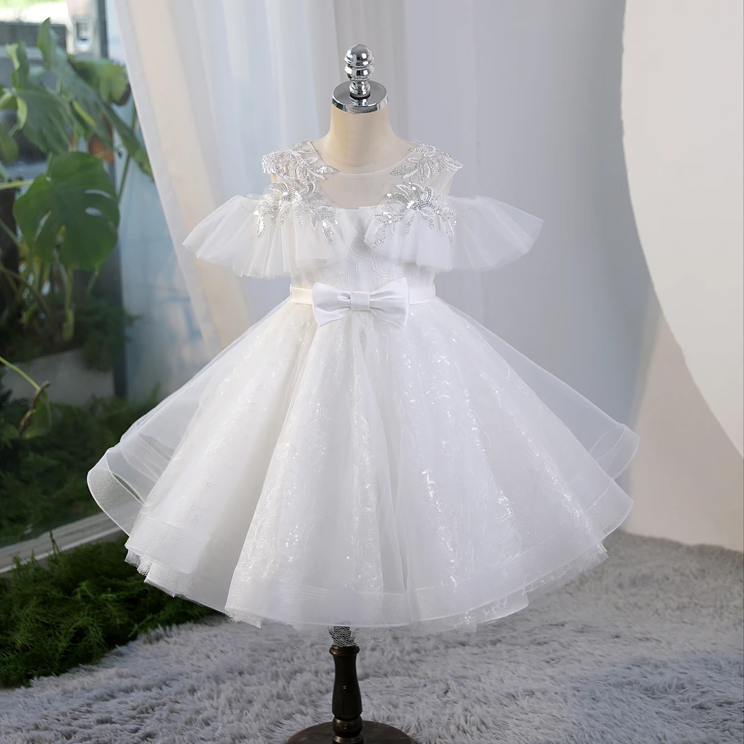 女童晚礼服生日公主裙高端花童婚礼蓬蓬纱白色小主持人钢琴演出服