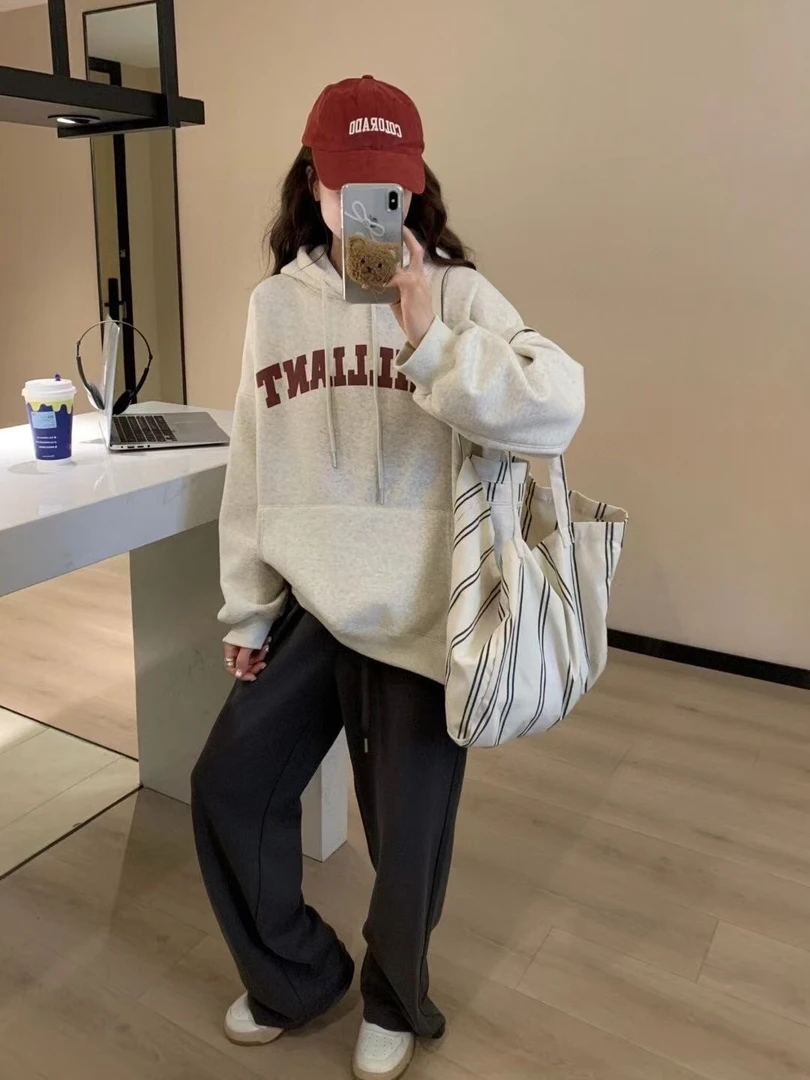 13-50中长款连帽加绒加厚卫衣宽松慵懒风美式休闲字母秋冬套头