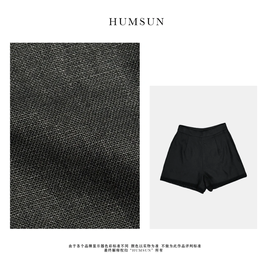 HUMSUN/禾木笙 高品100亚麻拼接镂空蕾丝侧拉链百搭短裤 24A587