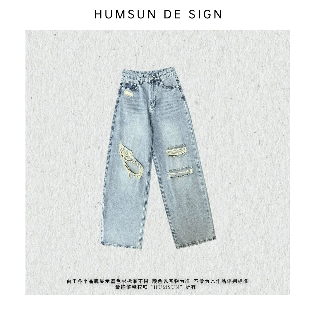 HUMSUN/禾木笙 复古baggy手工破洞拉须雅痞阔腿牛仔裤  24E829