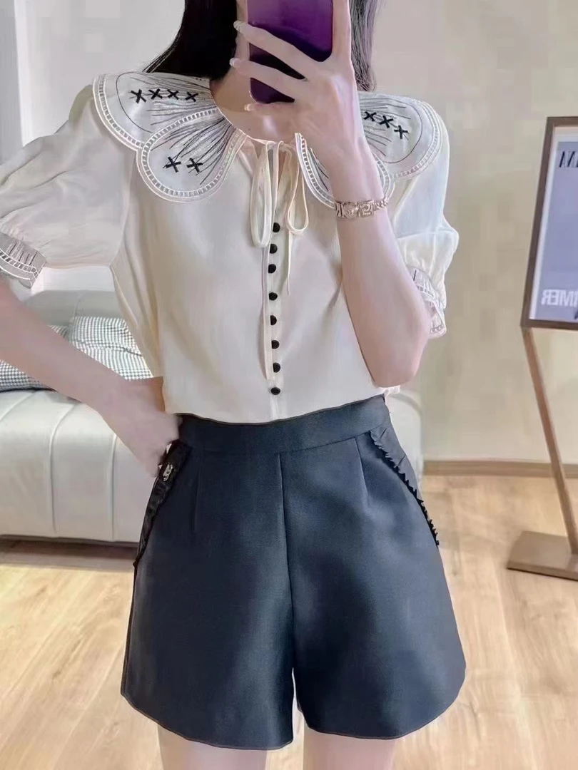 韩系刺绣领衬衣短袖衬衫女上衣气质衬衫显瘦设计感