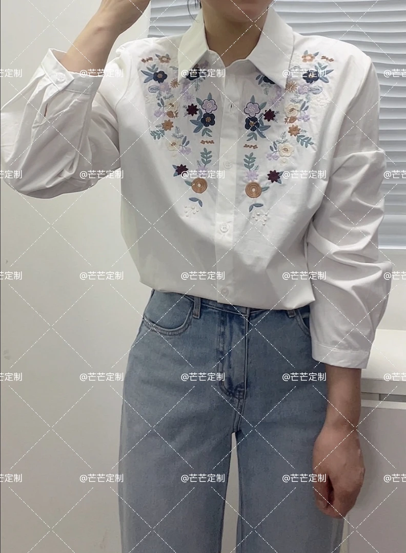 2025春季女装新款重工刺绣百搭翻领纯棉长袖衬衫衬衣女装