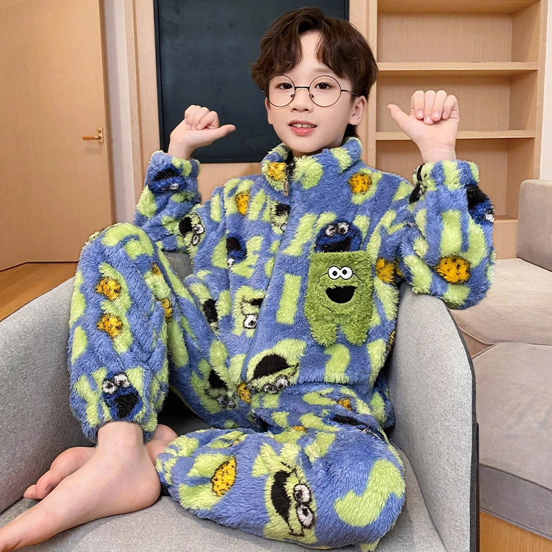 儿童冬季睡衣新款珊瑚绒男孩加绒加厚男童外穿亲子家居服套装直播